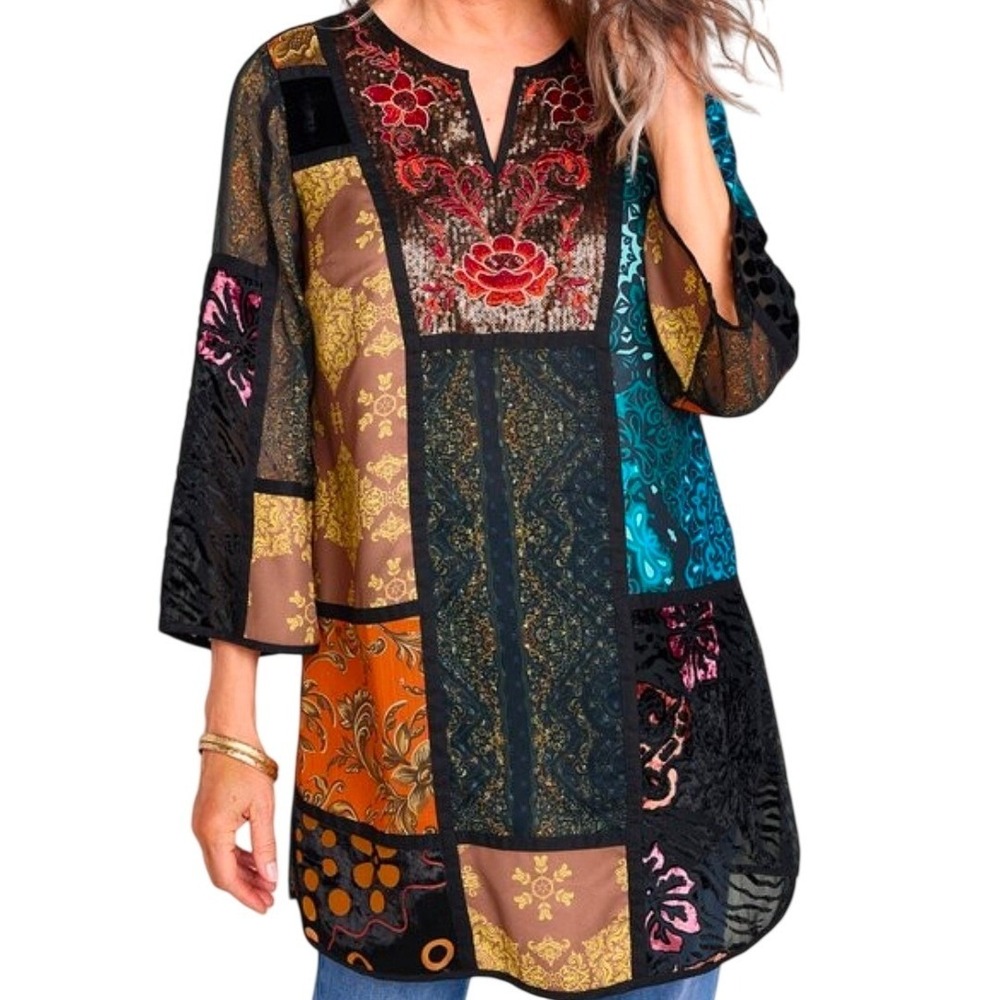 Soft Surroundings Adassa Tunic Top M Boho Velvet‎ Burnout Sequin Patchwork #571